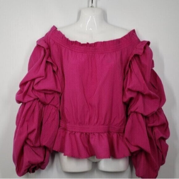 Guess Puffy Sleeve Off Shoulder Barbie Pink Pirate Top Ruffles Women's Sz Large - Picture 2 of 16